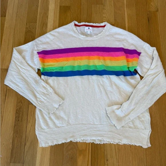SUNDRY Rainbow Stripe Crew Neck Sweater Wool Cashmere Blend Scallop trim - Picture 2 of 9